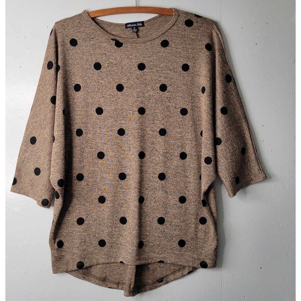 Olivia Blu‎ Polka Dot Knit Top Oversized Women's Sz S Beige Black Dolman Sleeve